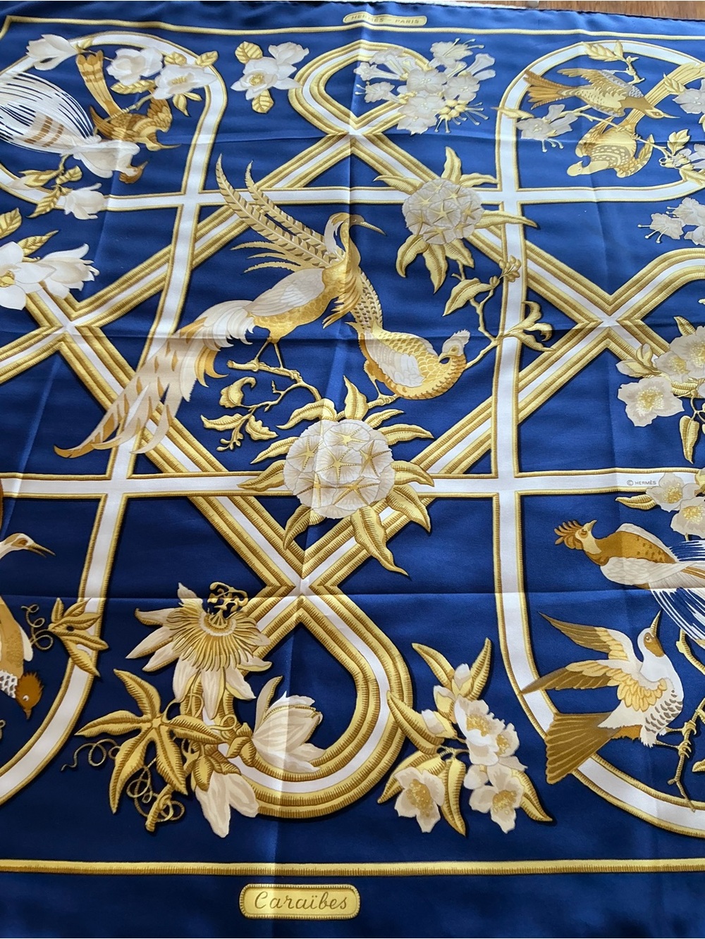 Hermes Blue and Gold 'Caraïbes' Silk Scarf